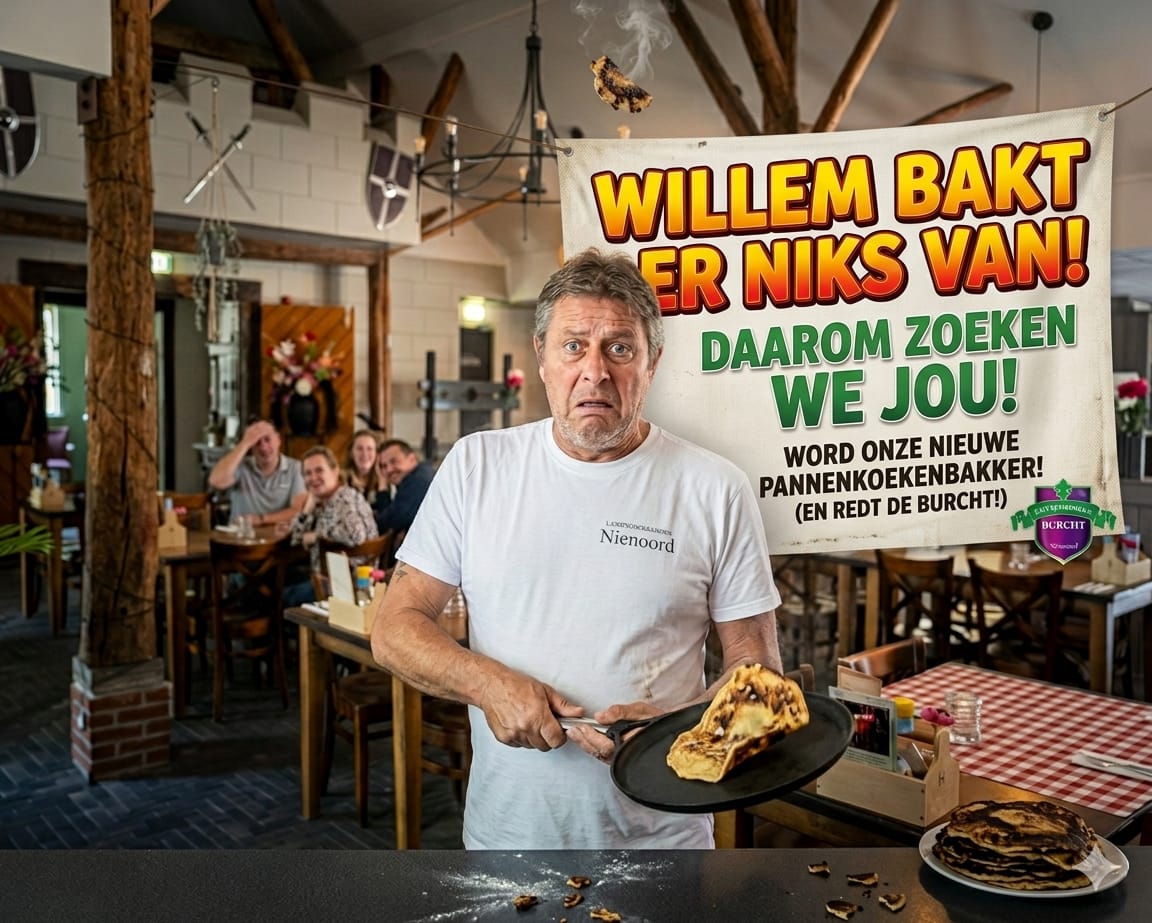 Vacatureposter voor pannenkoekenbakker bij Pannenkoekenburcht Nienoord